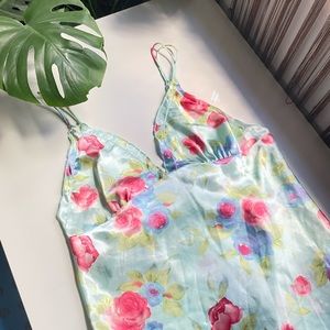Pink lettuce hem satin floral slip dress